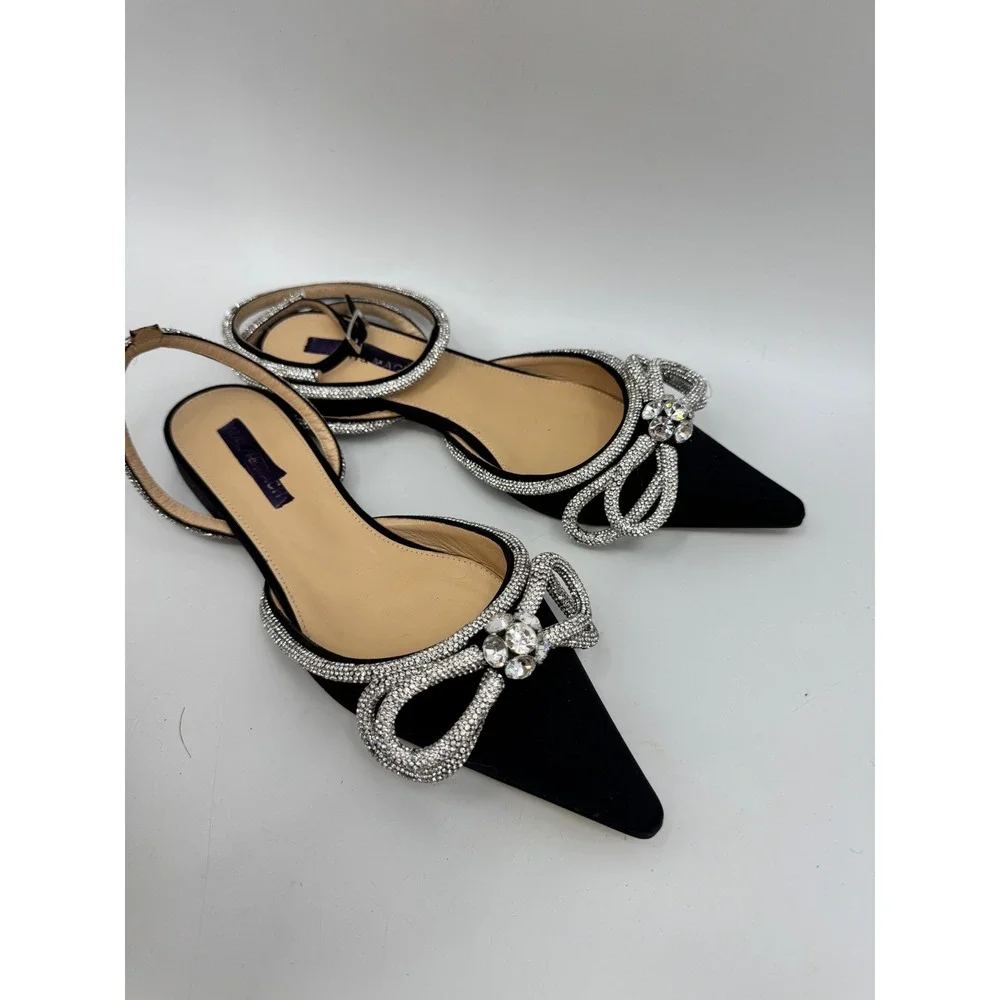 MACH & MACH Flawed Double Bow Flats Women 39.5 Black Crystal Embellished Satin